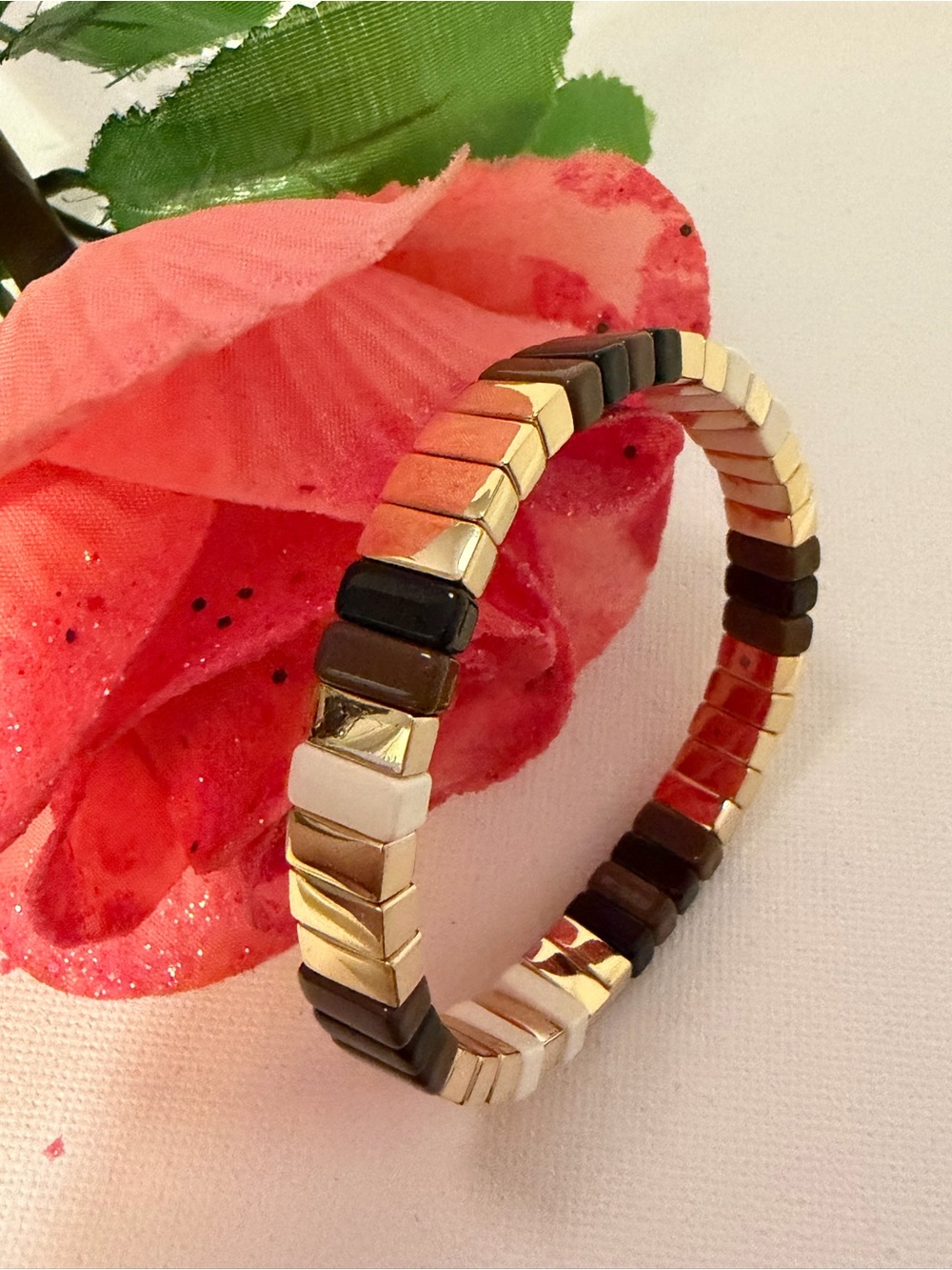 Roxanne Assoulin Gold/Brown/Black/White Tile Stretch Bracelet 14K Gold Plated